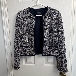 M&S Collection Navy Mix Open Front Collarless Jacket - Size UK 6